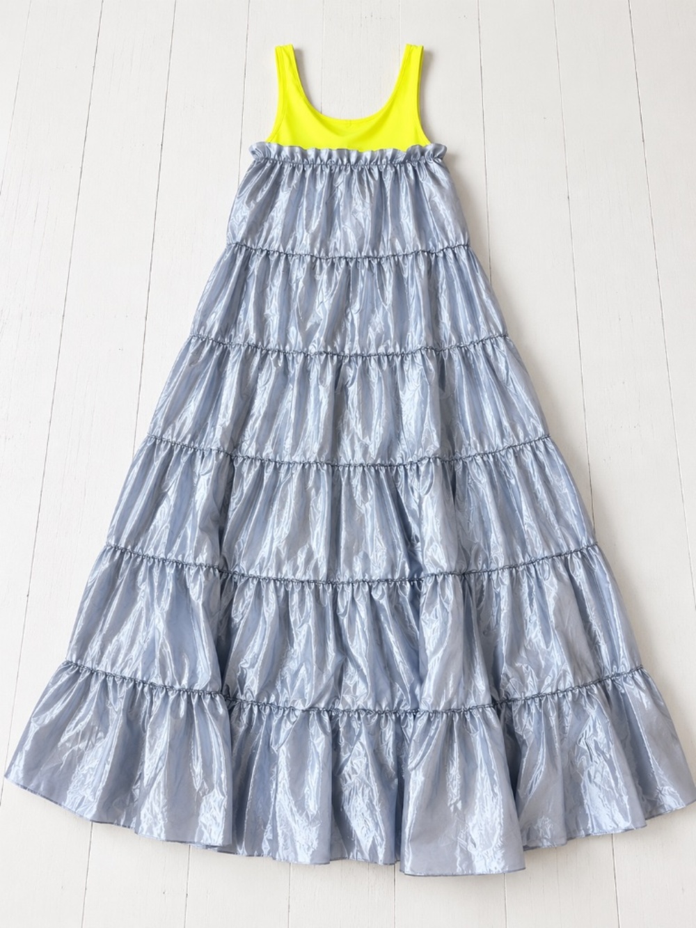 Sandy Liang Pianos Dress Ice Blue Neon Yellow Tiered Maxi Size 8 Rare Archival
